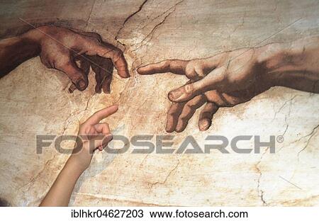 Stock Image - Michelangelo Schöpfung mit Kinderhand, Berlin, Germany, Europe. Fotosearch