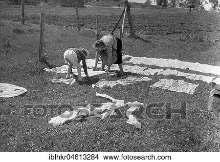 Mother and child put the laundry on the lawn and in the sun, ca. 1945 to 1955, around Freiburg, Germany, Europe View Large Photo Image Picture - Mother and child put the laundry on the lawn and in the sun, ca. 1945 to 1955, around Freiburg, Germany, Europe. Fotosearch
