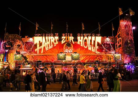 Oktoberfest, Wiesn, amusement rides, Fahrt zur Hoelle, journey to hell, ghost train at night, Munich, Bavaria, Germany, Europe View Large Photo Image Picture - Oktoberfest, Wiesn, amusement rides, Fahrt zur Hoelle, journey to hell, ghost train at night, Munich, Bavaria, Germany, Europe. Fotosearch