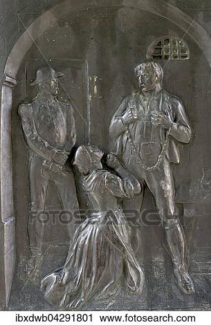 Stock Image - Peter Mayr (1767-1810), nimmt Abschied von seiner Familie, Tiroler Wirt und Freiheitskampfer, Bronzeplatte an der Millenniumssaule, Brixen, Sudtirol, Alto Adige, Italien, Europa. Fotosearch