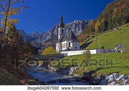 Pfarrkirche St. Sebastian, Ramsauer Bach, hinten Reiteralpe, Ramsau, Berchtesgadener Land, Oberbayern, Bayern, Deutschland, Europa View Large Photo Image Stock Image - Pfarrkirche St. Sebastian, Ramsauer Bach, hinten Reiteralpe, Ramsau, Berchtesgadener Land, Oberbayern, Bayern, Deutschland, Europa. Fotosearch