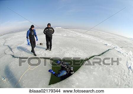 Picture - Preparations for subglacial diving, ice diving in the frozen Black Sea, a rare phenomenon which last occured in 1977, Odessa, Ukraine, Eastern Europe, Europe. Fotosearch