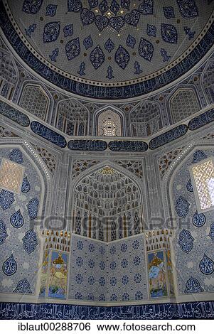 Stock Photograph - Rich decorated interior walls of a mausoleum necropolis Shah-i-Zinda Samarkand Uzbekistan. Fotosearch