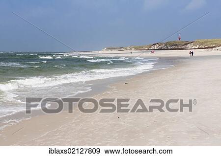 Stock Photo - Sandy beach at Hoernum Odde with navigational beacon, Hoernum, Sylt, North Frisia, Schleswig-Holstein, Germany, Europe. Fotosearch