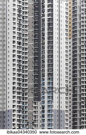 Stock Image - Sky scraper front, Ping Shek Estate, housing development from 1970, Kwun Tong District, Kowloon, Hong Kong, China, Asia. Fotosearch