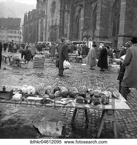 Stand with savoy cabbage on a marketplace at Freiburg Cathedral, Freiburger Münstermarkt, approx. 1945 to 1955, Freiburg, Germany, Europe View Large Photo Image Stock Photography - Stand with savoy cabbage on a marketplace at Freiburg Cathedral, Freiburger Münstermarkt, approx. 1945 to 1955, Freiburg, Germany, Europe. Fotosearch
