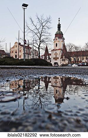 Stock Image - Steinertor gate reflected in a puddle of water, Krems, Wachau region, Lower Austria, Austria, Europe. Fotosearch