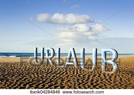 Stock Photograph - Strand mit 3D Schriftzug Urlaub, Composing. Fotosearch