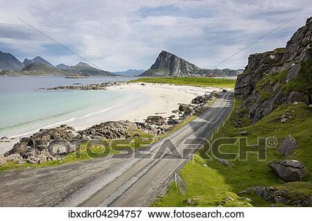 Strasse am Sandstrand bei Myrland, Flakstadoya, Lofoten, Norwegen, Europa View Large Photo Image Stock Photo - Strasse am Sandstrand bei Myrland, Flakstadoya, Lofoten, Norwegen, Europa. Fotosearch