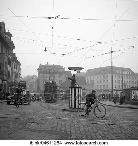 Picture - Street crossing, square in the city centre, approx. 1950, Freiburg, Germany, Europe. Fotosearch