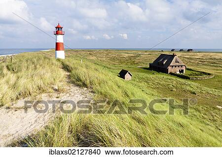 Stock Image - Striped red and white lighthouse of List Ost with a frisian house on the Sylt peninsula of Ellenbogen, List, Sylt, North Frisia, Schleswig-Holstein, Germany, Europe. Fotosearch