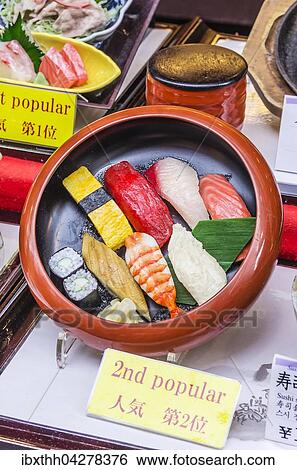 Sushi, Auslage eines Restaurants, Osaka, Japan, Asien View Large Photo Image Stock Photograph - Sushi, Auslage eines Restaurants, Osaka, Japan, Asien. Fotosearch