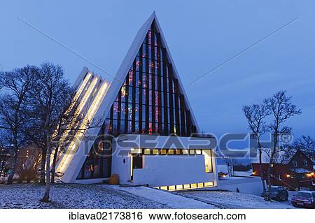 Stock Photograph - Tromsdalen Church, Arctic Cathedral or Ishavskatredalen, at dusk, Tromsø, Tromso, Norway, Europe. Fotosearch