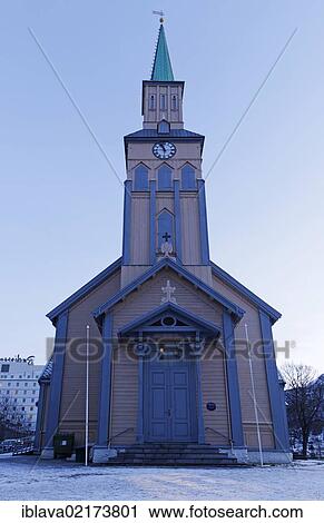 Stock Image - Tromsø Domkirke or Cathedral, during the winter twilight, Tromsø, Tromso, Norway, Europe. Fotosearch