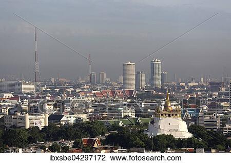 Vergoldete Stupa auf dem Golden Mount, Wat Saket Tempel, nordliche Skyline, Panorama-Blick vom Grand China Hotel, Chinatown, Bangkok, Thailand, Asien View Large Photo Image Stock Image - Vergoldete Stupa auf dem Golden Mount, Wat Saket Tempel, nordliche Skyline, Panorama-Blick vom Grand China Hotel, Chinatown, Bangkok, Thailand, Asien. Fotosearch