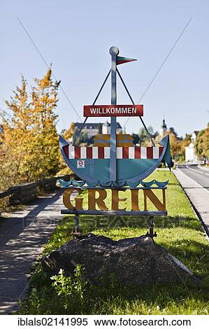 Stock Photography - Welcome sign at the entrance to Grein on the Danube River, Upper Austria, Austria, Europe. Fotosearch
