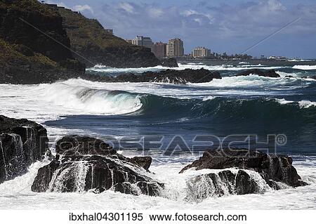Wellen, Brandung am Playa Bollullo, hinten Puerto de la Cruz, Teneriffa, Kanarische Inseln, Spanien, Europa View Large Photo Image Stock Photography - Wellen, Brandung am Playa Bollullo, hinten Puerto de la Cruz, Teneriffa, Kanarische Inseln, Spanien, Europa. Fotosearch