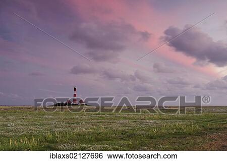 Stock Photograph - Westerhever lighthouse amidst the salt marshes shortly before sunset, Westerheversand, North Friesland district, Schleswig-Holstein, Germany, Europe. Fotosearch