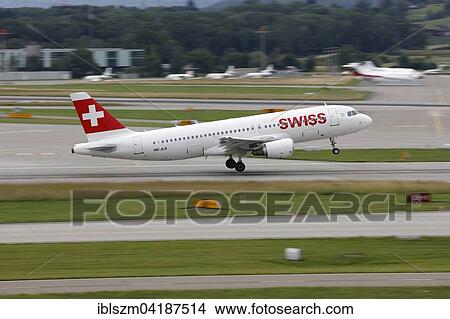 Picture - A320-214, registration HB-JLS, Swiss International Airlines taking off from Zurich Airport, Kloten Airport, ZRH, Switzerland, Europe. Fotosearch