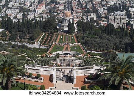 Picture - Bahai gardens, Mount Carmel, below Shrine of the Bab, tomb with cupola, UNESCO World Heritage Site, Haifa District, Israel, Asia. Fotosearch
