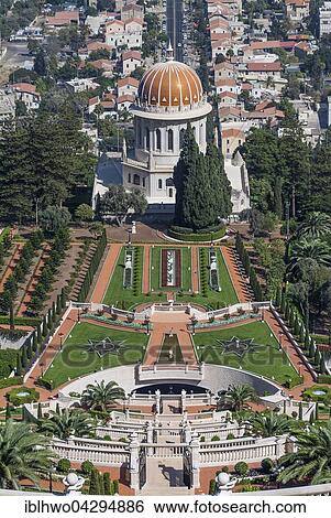 Stock Photograph - Bahai gardens, Mount Carmel, below Shrine of the Bab, tomb with cupola, UNESCO World Heritage Site, Haifa District, Israel, Asia. Fotosearch