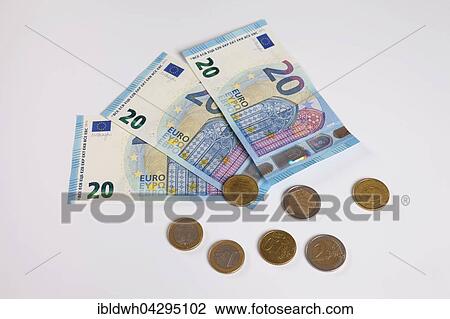 Stock Image - Bank notes, twenty euros, publication date 25/11/2015, coins. Fotosearch