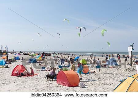 Bathers on the beach, kite surfers in the water, Sankt Peter-Ording, North Frisia, Schleswig-Holstein, Germany, Europe View Large Photo Image Picture - Bathers on the beach, kite surfers in the water, Sankt Peter-Ording, North Frisia, Schleswig-Holstein, Germany, Europe. Fotosearch