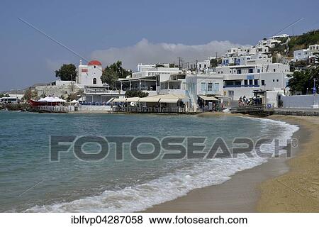 Beach, historic centre of Chora or Mykonos Town, Mykonos, Cyclades, Greece, Europe View Large Photo Image Stock Photo - Beach, historic centre of Chora or Mykonos Town, Mykonos, Cyclades, Greece, Europe. Fotosearch