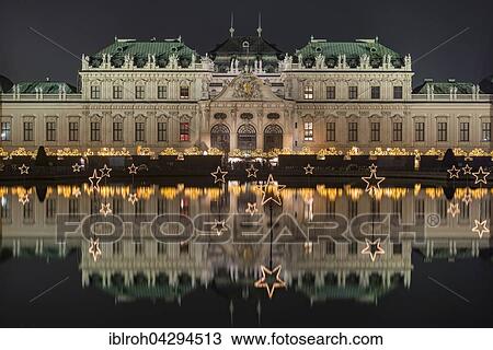 Stock Image - Belvedere Castle with Christmas lights at night, Vienna, Austria, Europe. Fotosearch