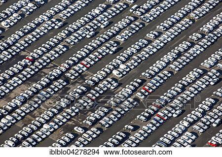 Picture - Car stockpile, Helf Automobil-Logistik GmbH, new cars, Essen, Ruhr district, North Rhine-Westphalia, Germany, Europe. Fotosearch