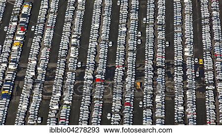 Stock Image - Car stockpile, Helf Automobil-Logistik GmbH, new cars, Essen, Ruhr district, North Rhine-Westphalia, Germany, Europe. Fotosearch