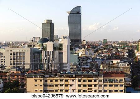 Stock Photo - City view from Town View Hotel, Canadia Bank and Vattanac Capital Tower, 188m, Central Market, Phnom Penh, Cambodia, Asia. Fotosearch