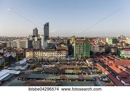 Picture - City view from Town View Hotel, northern city skyline, Canadia Bank and Vattanac Capital Tower, 188m, Central Market, Phnom Penh, Cambodia, Asia. Fotosearch
