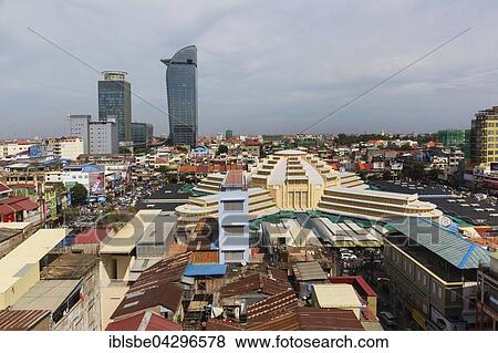 Stock Photo - City view, Sorya shopping mall, Canadia Bank and Vattanac Capital Tower, 188m, Central Market or Phsar Thmei, Phnom Penh, Cambodia, Asia. Fotosearch