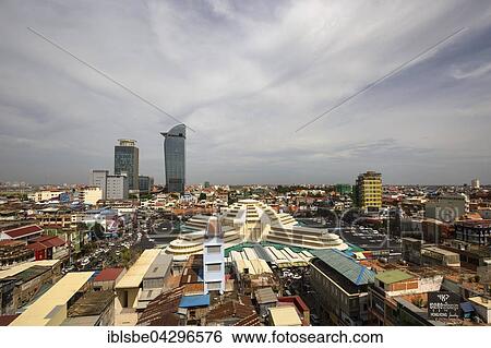 Stock Photograph - City view, Sorya shopping mall, Canadia Bank and Vattanac Capital Tower, 188m, Central Market or Phsar Thmei, Phnom Penh, Cambodia, Asia. Fotosearch