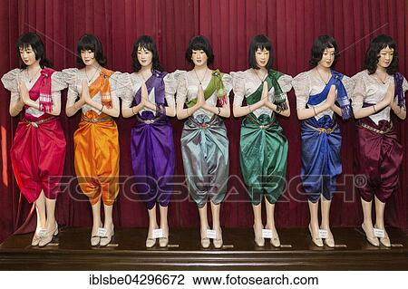 Clothing of the court and royal family, red for Sunday, orange Monday, violet Tuesday, Wednesday lime green, green Thursday, Friday blue and Saturday purple, exhibition room next to the Coronation Hall, the Royal Palace, Phnom Penh, Cambodia, Asia View Large Photo Image Stock Image - Clothing of the court and royal family, red for Sunday, orange Monday, violet Tuesday, Wednesday lime green, green Thursday, Friday blue and Saturday purple, exhibition room next to the Coronation Hall, the Royal Palace, Phnom Penh, Cambodia, Asia. Fotosearch