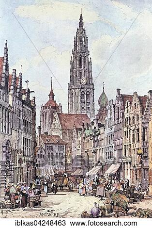 Stock Image - Colour lithograph, roughly 1830, city view, cathedral, Antwerpen, Belgium, Europe. Fotosearch