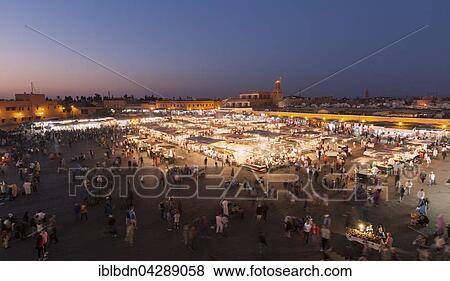 Stock Photo - Djemaa el Fnaa square at dusk, Marrakech, Morocco, Africa. Fotosearch