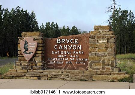 Stock Image - Entrance sign, Bryce Canyon National Park, Utah, USA, America, North America. Fotosearch