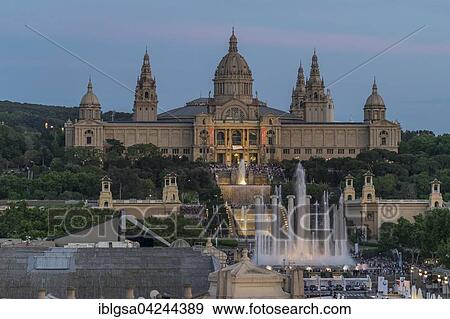 Stock Photo - Fountains in front of the Museu Nacional d'Art de Catalunya art museum, Barcelona, Catalonia, Spain, Europe. Fotosearch