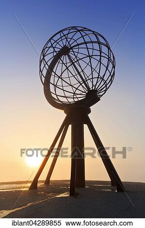 Stock Photography - Globe on the North Cape platform Nordkapplataet, midnight sun, Nordkap, Mageroya, Finnmark County, Norway, Europe. Fotosearch