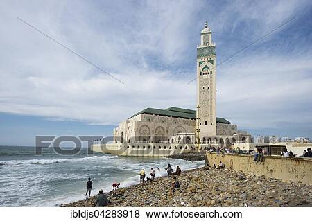 Hassan II Mosque and beach, Casablanca, Morocco, Africa View Large Photo Image Stock Photo - Hassan II Mosque and beach, Casablanca, Morocco, Africa. Fotosearch