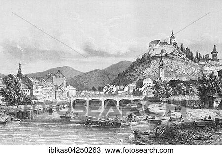 Stock Image - Historic city view, steel engraving, Graz, Schlossberg around 1855, Styria, Austria, Europe. Fotosearch