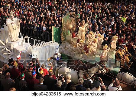 Stock Photography - Horse-drawn carriage with summer and winter, Sommergewinn festival, Eisenach, Thuringia, Germany, Europe. Fotosearch