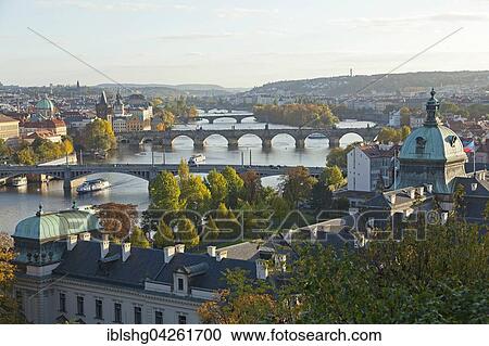 Stock Image - iew from the Letna hill on Moldova and bridges, Prague, Czech Republic, Europe. Fotosearch