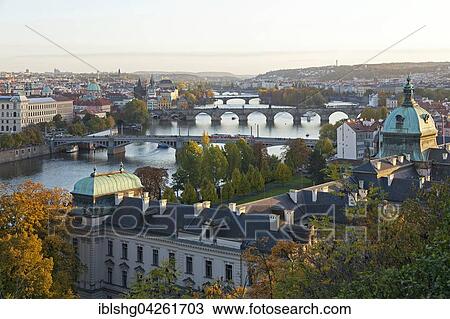 Stock Image - iew from the Letna hill on Moldova and bridges, Prague, Czech Republic, Europe. Fotosearch