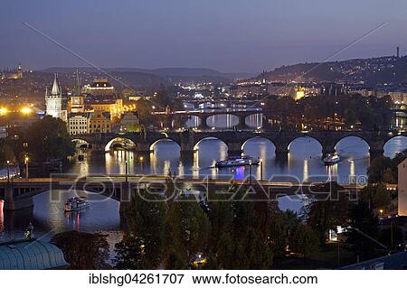 Stock Photo - iew from the Letna hill on Moldova and bridges at night, Prague, Czech Republic, Europe. Fotosearch