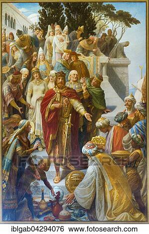 Stock Photograph - Imperial Hall, mural of Frederick II in Palermo, Imperial Palace, Kaiserpfalz, UNESCO World Heritage Site, Goslar, Harz, Lower Saxony, Germany, Europe. Fotosearch