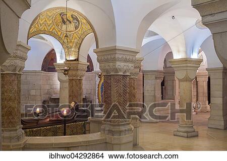Interior, crypt with madonna, Basilica of the Dormition Abbey, Benedictine abbey on Mount Zion, Jerusalem, Israel, Asia View Large Photo Image Picture - Interior, crypt with madonna, Basilica of the Dormition Abbey, Benedictine abbey on Mount Zion, Jerusalem, Israel, Asia. Fotosearch