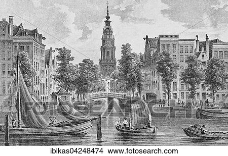 Picture - Lithograph, historic city view, Amstel, Zuiderkerk or South Church, Amsterdam, Holland, Netherlands. Fotosearch